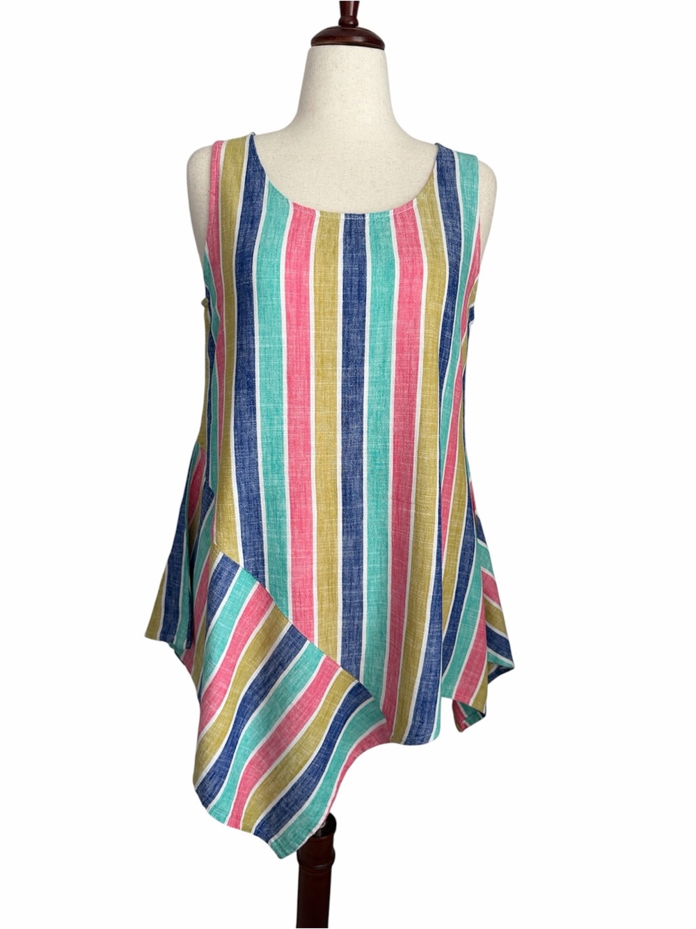For Cynthia Women’s S Linen Blend Striped Tunic Top Asymmetrical Hem Colorful